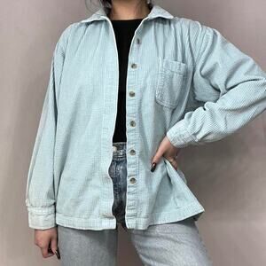 LL Bean Corduroy Shirt Womens Lt Blue Oversized Boxy Size Petite Large PL